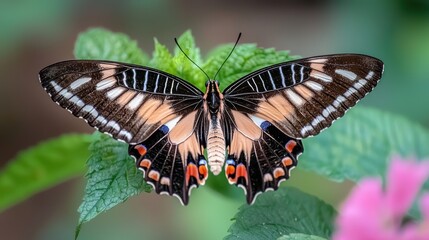 Fototapeta premium A butterfly with its wings spread, showing symmetrical patterns and vibrant colors