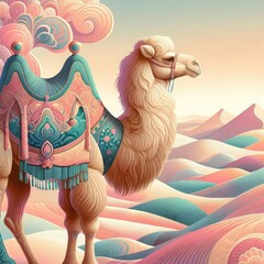 Vibrant Illustration of a Decorated Camel in a Desert Landscape: Detailed Patterns, Ornate Saddle, Soft Pastel Colors, Surreal Sand Dunes, and Dreamlike Atmosphere in 8K Resolution