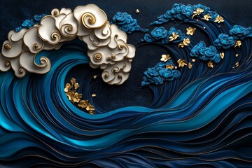 Illustrated cerulean waves crashing on a shore, with stylized, flowing lines and vibrant blue hues creating a dynamic ocean scene