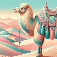 Vibrant Illustration of a Decorated Camel in a Desert Landscape: Detailed Patterns, Ornate Saddle, Soft Pastel Colors, Surreal Sand Dunes, and Dreamlike Atmosphere in 8K Resolution