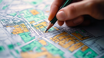 Hand Drawing on Detailed Cadastre Map for Urban Planning and Land Surveying Concepts