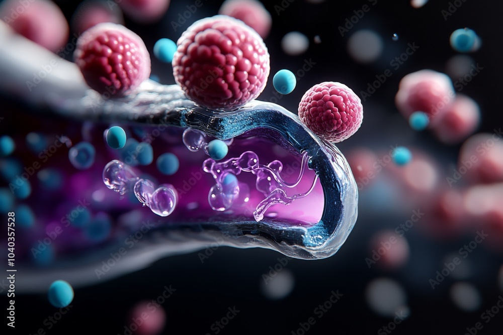 Poster illustration of the fluid mosaic model, with ion channels embedded in the cell membrane, showing det