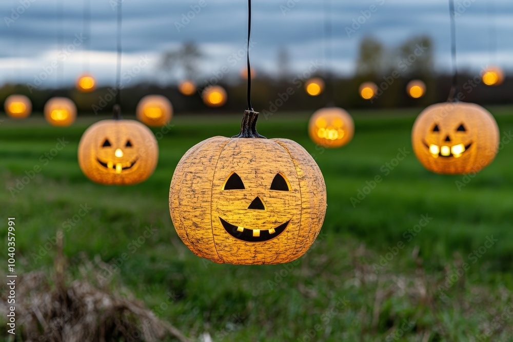 Poster magical pumpkins glowing with enchanted light, floating gently above a pumpkin patch at twilight, wi