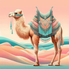 Vibrant Illustration of a Decorated Camel in a Desert Landscape: Detailed Patterns, Ornate Saddle, Soft Pastel Colors, Surreal Sand Dunes, and Dreamlike Atmosphere in 8K Resolution