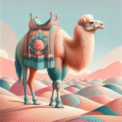 Vibrant Illustration of a Decorated Camel in a Desert Landscape: Detailed Patterns, Ornate Saddle, Soft Pastel Colors, Surreal Sand Dunes, and Dreamlike Atmosphere in 8K Resolution