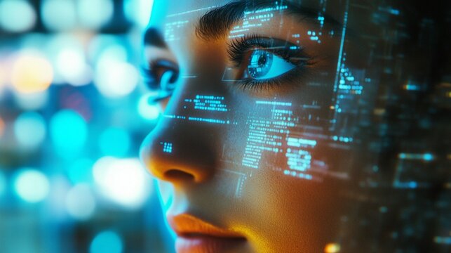 Futuristic close-up of a woman's face with digital data overlay, symbolizing artificial intelligence and advanced technology in a blue-toned environment.