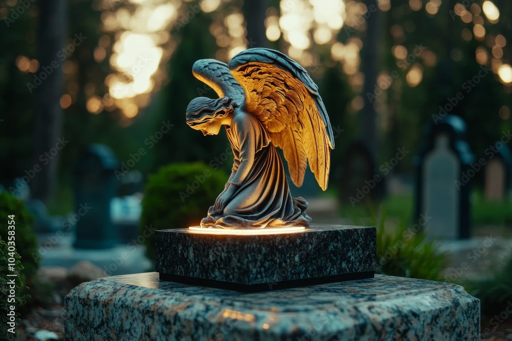 Poster Minimalist angel standing over a single grave, with soft light illuminating the figure, creating a serene and simple atmosphere