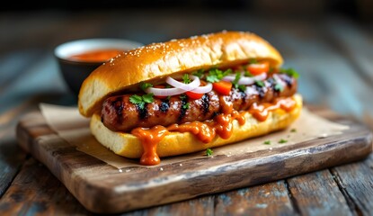 Grilled Choripan Sausage Sandwich with Onions and Cilantro (Bolivian Cuisine)