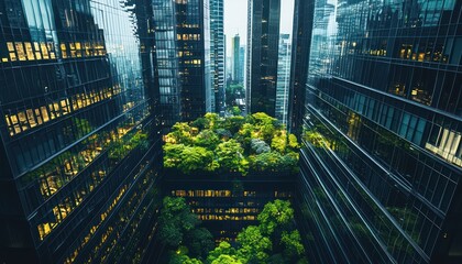 Corporate ESG reporting with nature elements integrated into urban building designs, emphasizing environmental awareness and sustainability.