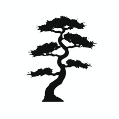 A silhouette of a bonsai tree with twisted, gnarled branches against a white background 