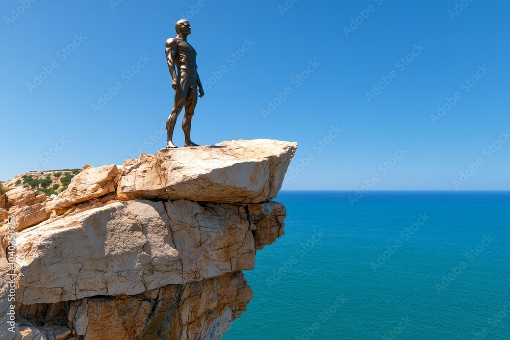 Poster minimalist figure standing alone, gazing at the horizon with clean, simple lines, representing the i