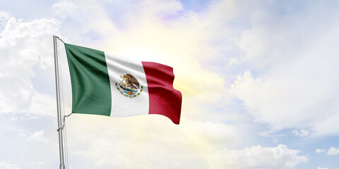 Mexico flag waving on sky background. 3D Rendering