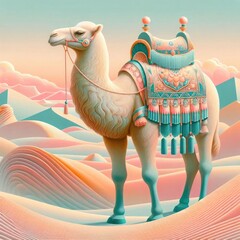 Vibrant Illustration of a Decorated Camel in a Desert Landscape: Detailed Patterns, Ornate Saddle, Soft Pastel Colors, Surreal Sand Dunes, and Dreamlike Atmosphere in 8K Resolution