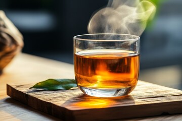 Minimalist warm cup of tea, steam rising softly from the mug, evoking cozy November mornings