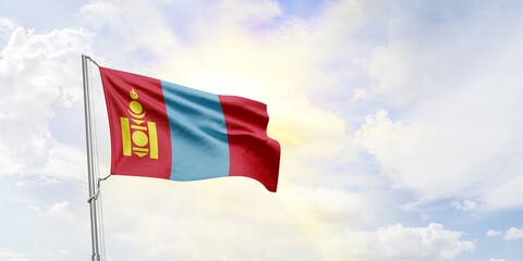 Mongolia flag waving on sky background. 3D Rendering