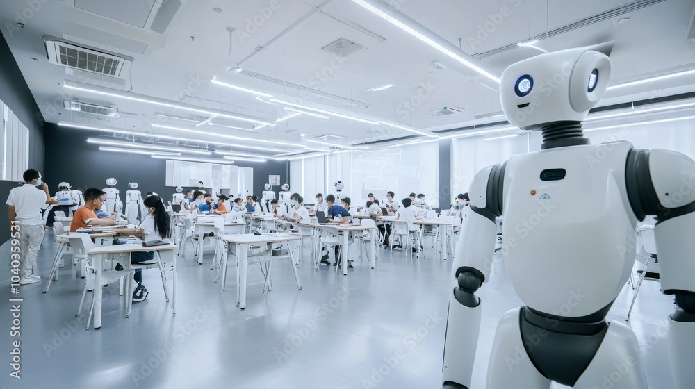 Poster advanced robotic education institute, futuristic classroom with teaching robots and students, innova