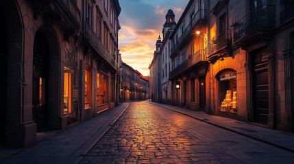Fototapeta premium A charming cobblestone street glows warmly at dusk, lined with historic buildings and inviting shopfronts