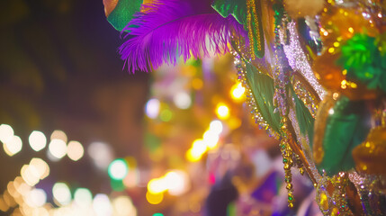 Mardi Gras decorations with colorful feathers and festive lights.