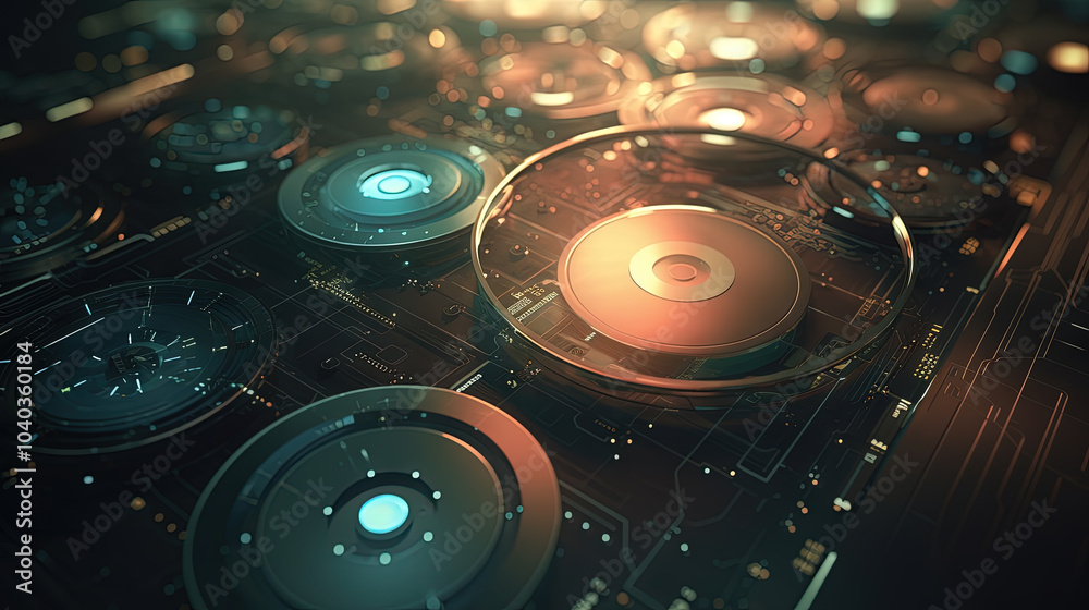 Poster Technology abstract background with hud styled round interface elements in neon tech light.