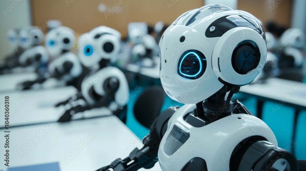 Poster advanced robotic education institute, futuristic classroom with teaching robots and students, innova