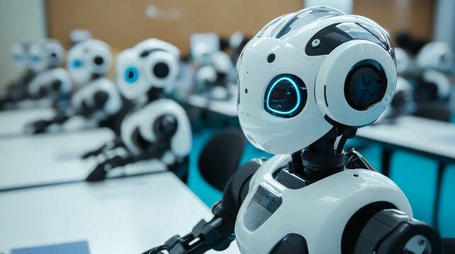 Advanced robotic education institute, futuristic classroom with teaching robots and students, Innovative style