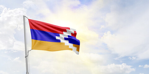 Nagorno-Karabakh Republic flag waving on sky background. 3D Rendering