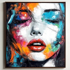 A vibrant portrait of a woman with closed eyes and colorful facial features. This abstract art piece showcases bold colors and expressive brush strokes. Perfect for modern decor. AI