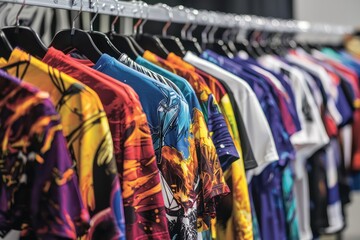 Obraz premium Custom-printed t-shirts displayed on hangers, showcasing the vibrant results of the dye sublimation printing process.