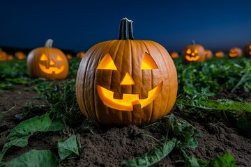 Fototapeta premium Pumpkin patch at sunset, with warm autumn light shining on rows of friendly, carved jack-o'-lanterns, smiling and glowing gently