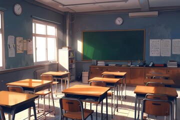 Anime Illustration of Empty Classroom with Sunlight Streaming Through Window Illuminating Wooden Desks and Chairs