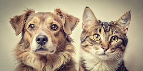 Vintage Style Close-Up of Dog and Cat Heads on White Background for Pet Lovers and Animal Photography