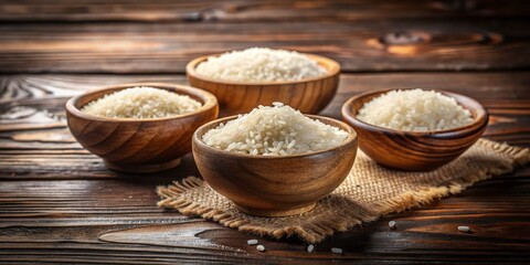 Fototapeta premium Vintage Style Close-Up of Rustic Wooden Bowls Filled with White Rice on Wood Surface for Food Photography