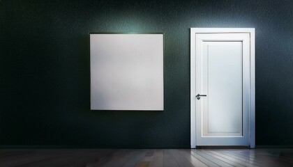 Light blank signage on dark wall before the entrance a room with white door. Mockup