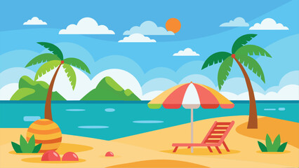 A cartoon illustration of a beach scene with palm trees, a lounge chair, an umbrella, blue water, and a sunny sky. The sand is yellow with green grass and a large orange egg.