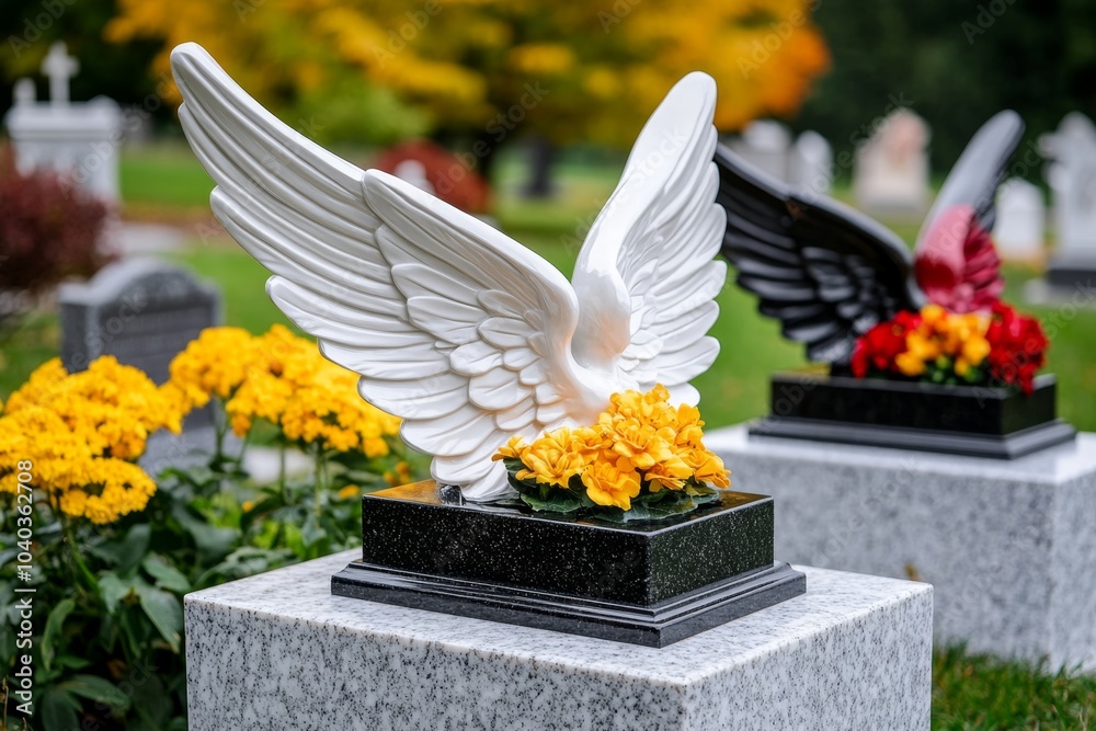 Poster single angel wing sculpture placed at the head of a grave, with clean lines and soft shadows on a pl