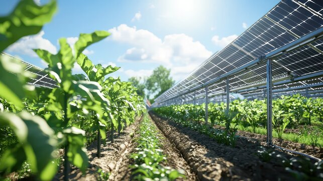 A depiction of agrivoltaics innovation, where agriculture meets solar energy, with panels installed above crops to optimize land use while generating renewable energy.