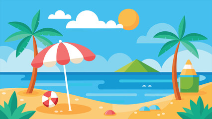 A cartoon illustration depicting a summer beach scene with palm trees, an umbrella, a beach ball, and a surfboard, all against a backdrop of a blue sky, white clouds, and a bright sun.