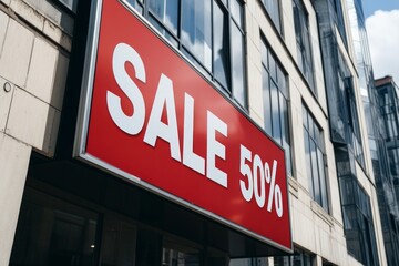 Advertising on a shop window on a building in a city, sign "SALE 50%"