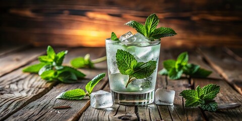Fototapeta premium Vintage Style Glass of Ice Water with Mint - Refreshing Beverage Photography