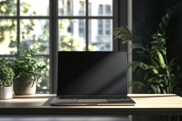 Fototapeta premium A modern laptop sits on a wooden desk, illuminated by natural light coming through a window adorned with plants. Generative AI