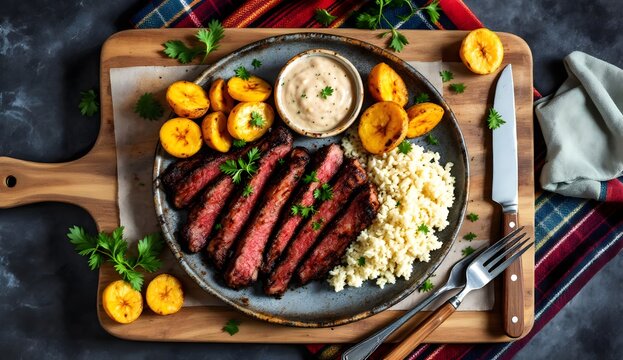Camba Churrasco - Grilled Beef with Fried Plantains and Rice (Bolivian Cuisine)