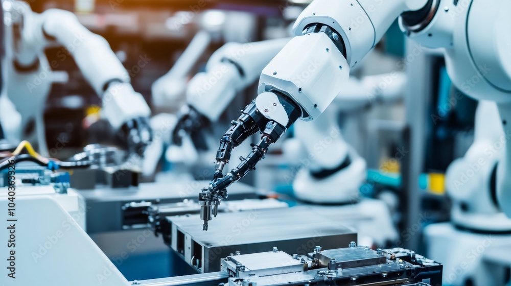 Aufkleber Advanced robotics workshop with humanoid robots assembling components, industrial setting with robotic arms and precision machinery, Industrial style