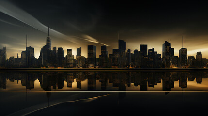 Obraz premium Futuristic city skyline at dusk with golden reflections on water