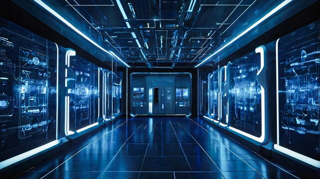 A futuristic, high-tech data huse with glows and vibrant dark-blue Pathways V1