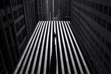 Fototapeta premium Sunlight illuminating a lone figure on a high-rise building, representing the triumph of the individual in a world of rational achievement