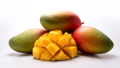 mangoes whole and sliced scattered around background concept isolated white