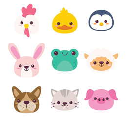 Cute animals face cartoon vector