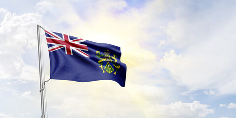 Pitcairn Islands flag waving on sky background. 3D Rendering