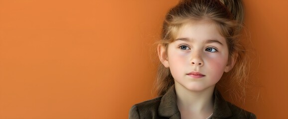 Girl with blonde hair and blue eyes against orange background. Youth portrait and beauty content