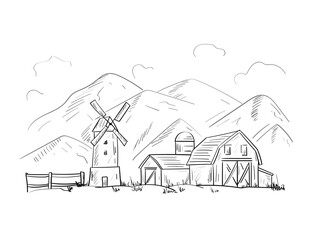 Sketch of farm, mill, barn